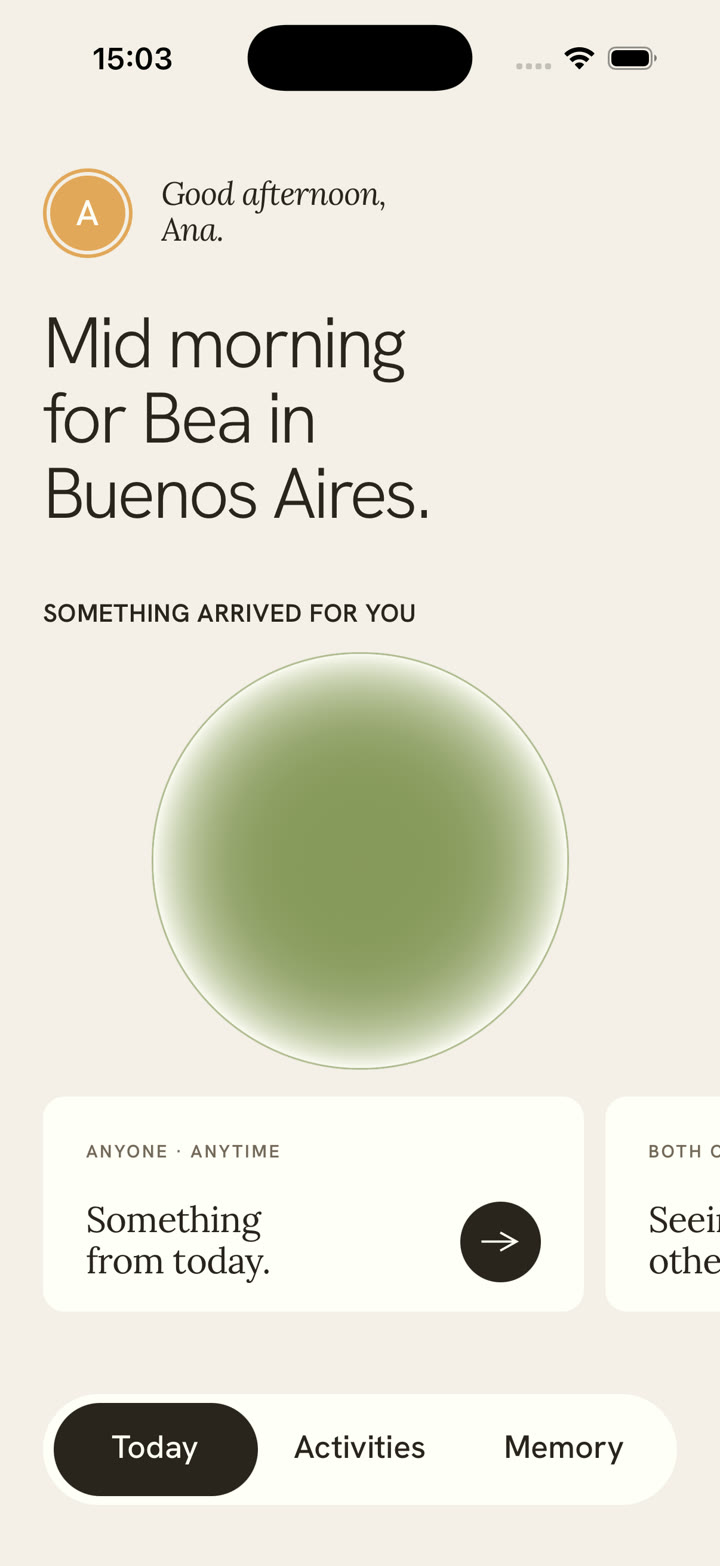 Nidi's Today screen: a line about the other home, and a soft green orb waiting to be opened.