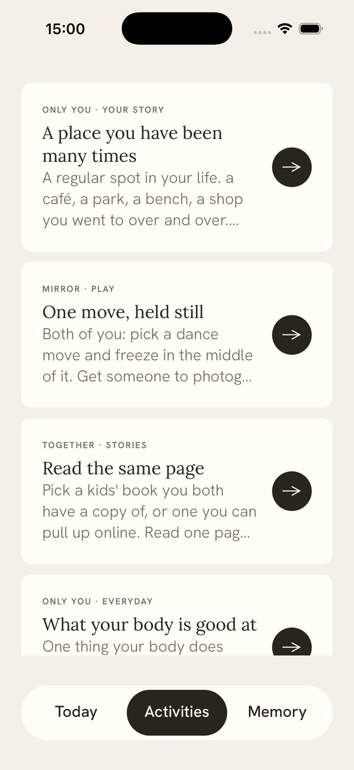 Nidi's activities: cards such as Read the same page, with a label above each.