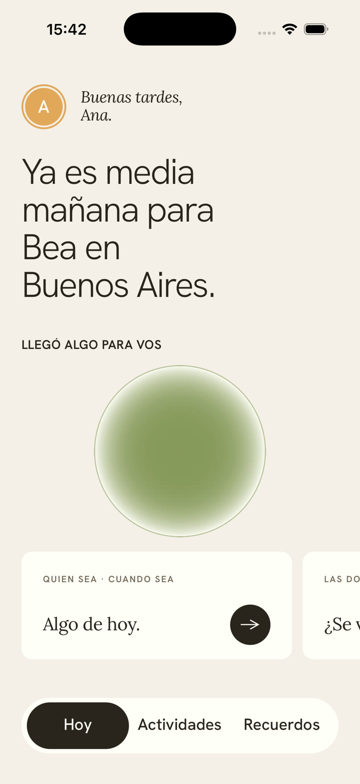 La pantalla Hoy de Nidi: una línea sobre el otro hogar y una burbuja verde esperando que la abras.